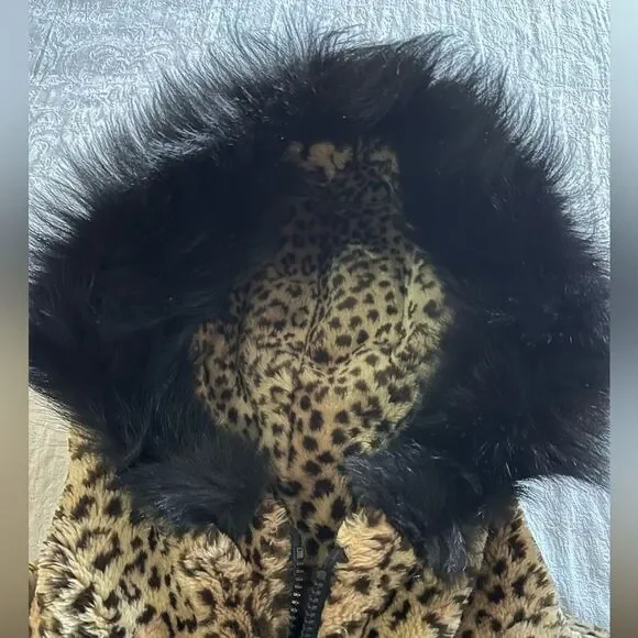 Fur Coat Jacket Hip Length Hooded Lined Cheetah Print - Picture 4 of 13
